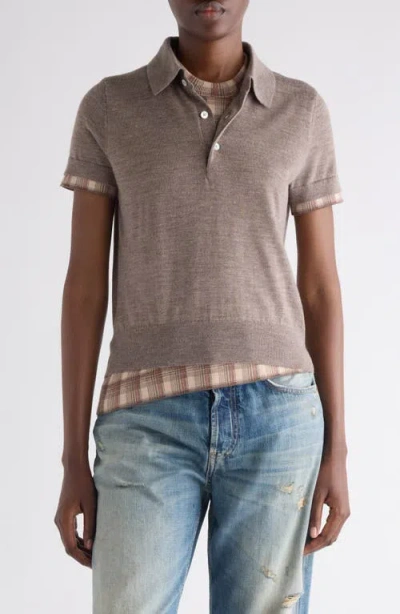Acne Studios Layered Short Sleeve Wool Polo Sweater In Brown