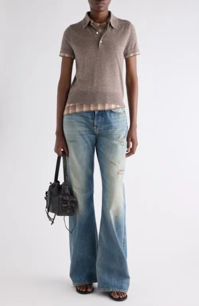 Acne Studios Layered Short Sleeve Wool Polo Sweater In Brown