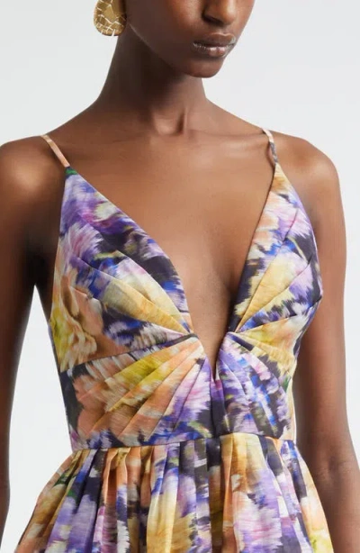 Zimmermann Luna Gathered Floral-print Linen And Silk-blend Mini Dress In Multi