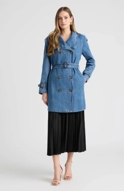 Nvlt Belted Double Breasted Denim Trench Coat In Blue