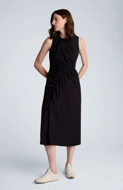 Kenneth Cole Asymmetric Ruched Cotton Blend Midi Dress In Black