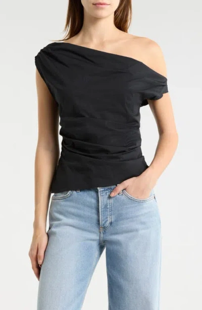 Staud Phare One-shoulder Draped Silk-blend Satin Top In Blue