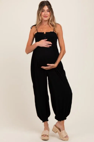 Pinkblush Smocked Button Front Shoulder Tie Jumpsuit In Black