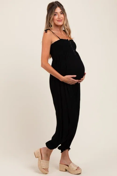Pinkblush Smocked Button Front Shoulder Tie Jumpsuit In Black