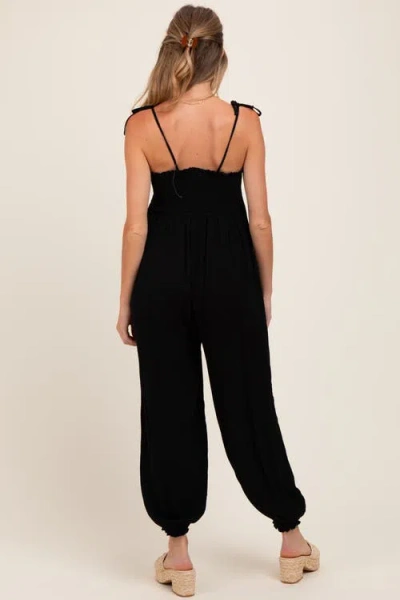 Pinkblush Smocked Button Front Shoulder Tie Jumpsuit In Black