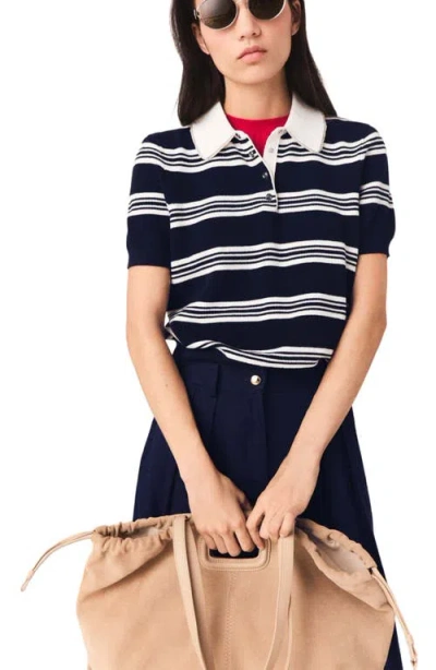 Maje Striped Polo With Rhinestone Collar In Multi
