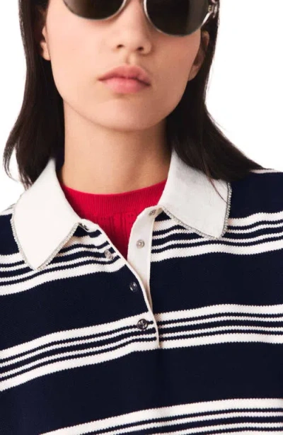 Maje Striped Polo With Rhinestone Collar In Multi