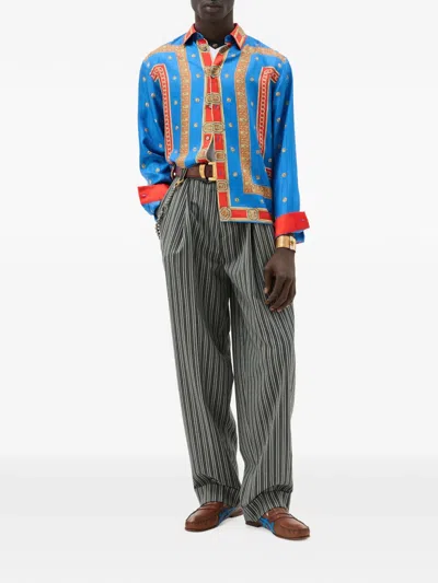 Versace Pinstripe Wool Oversized Pants In Gray