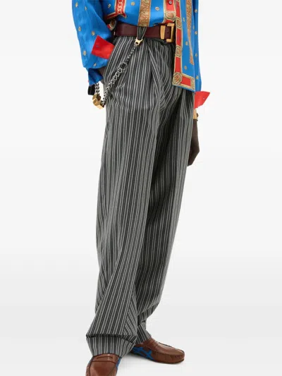 Versace Pinstripe Wool Oversized Pants In Gray