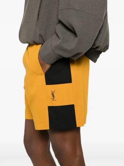 Saint Laurent Cassandre Bicolor Cotton Serge Bermuda Shorts In Yellow