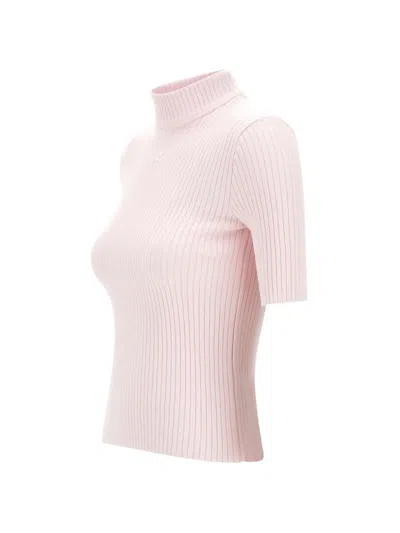 Courrèges Mock-neck Short-sleeve Rib Pullover In Pink