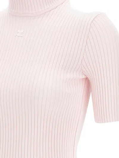 Courrèges Mock-neck Short-sleeve Rib Pullover In Pink