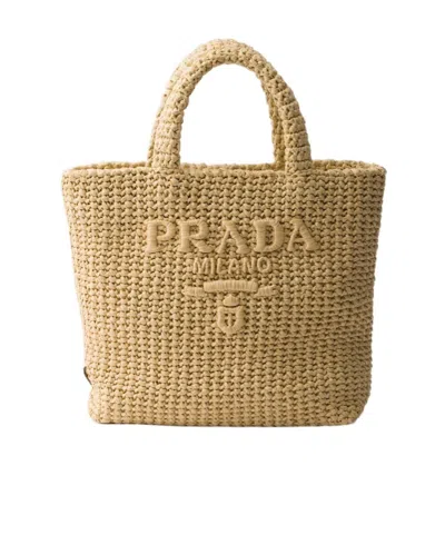Prada Raffia Shoulder Bag Featuring Woven Texture In Neutral