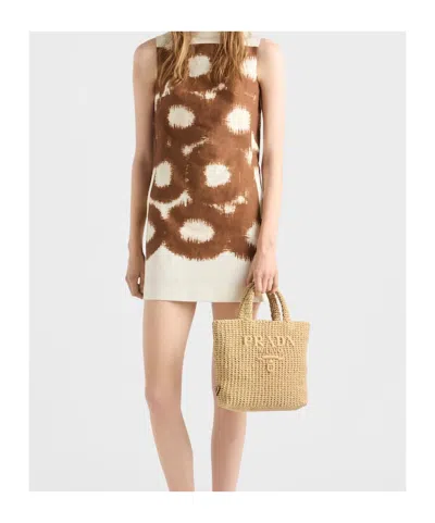 Prada Raffia Shoulder Bag Featuring Woven Texture In Neutral