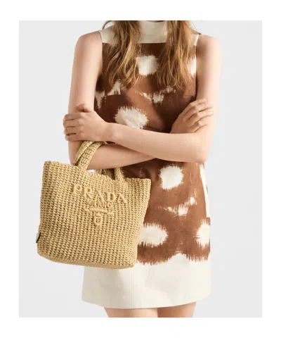Prada Raffia Shoulder Bag Featuring Woven Texture In Neutral