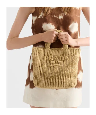 Prada Raffia Shoulder Bag Featuring Woven Texture In Neutral