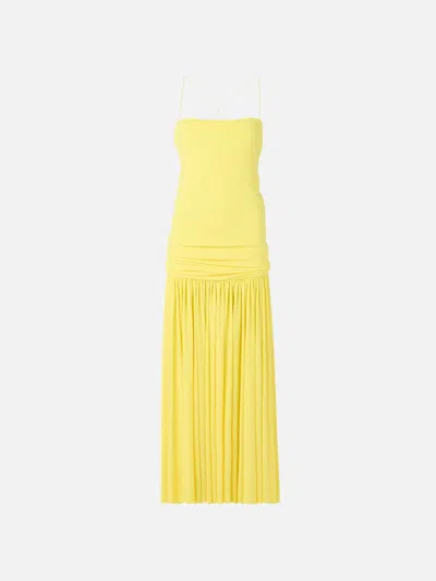 Jacquemus Yellow Dress With Straight Neckline And Gathered Waist In Tech Fabric Woman In Yellow
