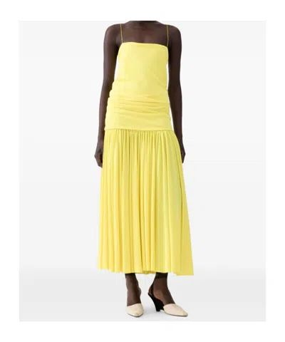 Jacquemus Yellow Dress With Straight Neckline And Gathered Waist In Tech Fabric Woman In Yellow