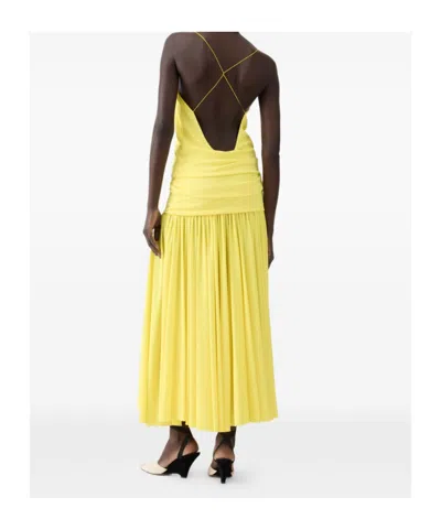 Jacquemus Yellow Dress With Straight Neckline And Gathered Waist In Tech Fabric Woman In Yellow