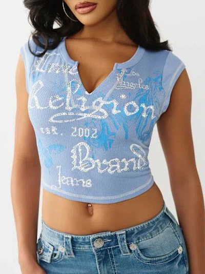 True Religion Crystal Embellished Buddha Crop Graphic T-shirt In Blue