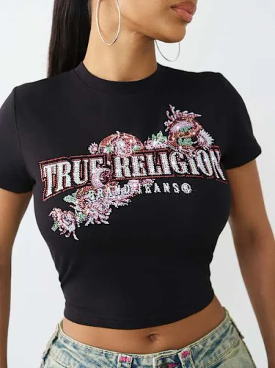 True Religion Crystal Snake Crystal Embellished Baby Tee In Black
