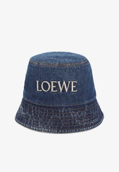 Loewe Denim Bucket Hat With Logo Embroidery In Blue