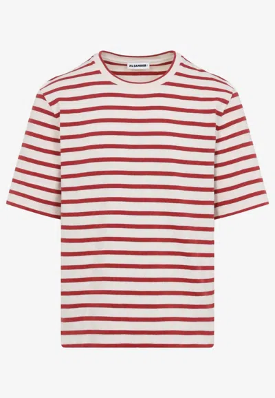 Jil Sander Striped-pattern Logo-patch T-shirt In Red