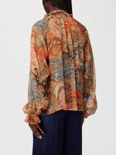Etro Sheer Chiffon Shirt Paisley Ruffle Neckline In Brown