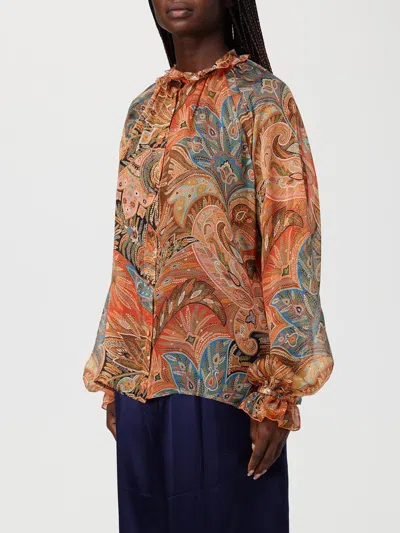 Etro Sheer Chiffon Shirt Paisley Ruffle Neckline In Brown