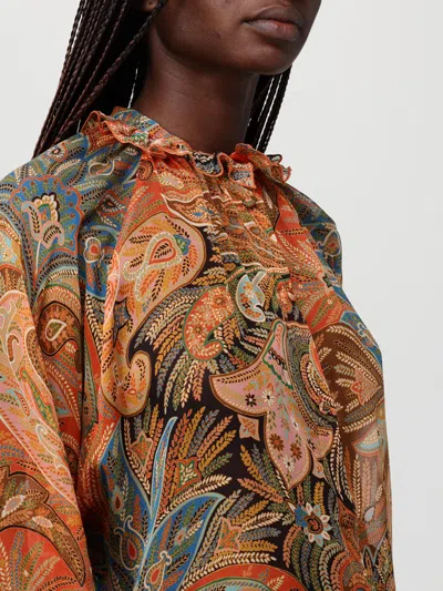 Etro Sheer Chiffon Shirt Paisley Ruffle Neckline In Brown