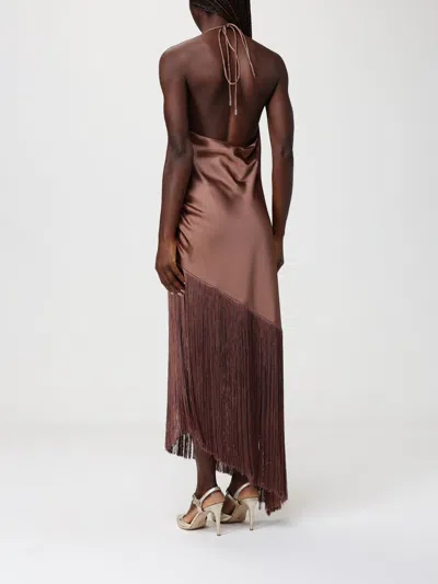 Pinko Brown Dress With Asymmetrical Design And Fringes In Tech Fabric Woman