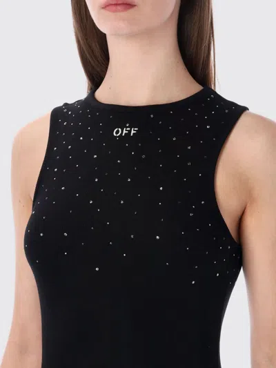 Off-white Ribbed Swarovski Crystal Slim Mini Dress In Black