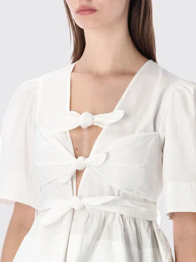 Ganni Womens Bright White Tie Strap Puffed-sleeves Stretch-cotton Blouse