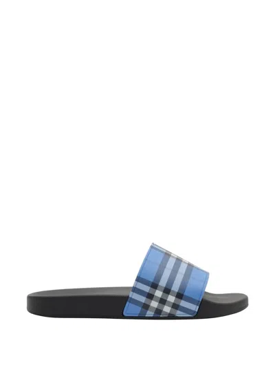Burberry Check Pattern Flat Sole Slide Sandals In Blue