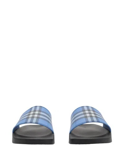 Burberry Check Pattern Flat Sole Slide Sandals In Blue