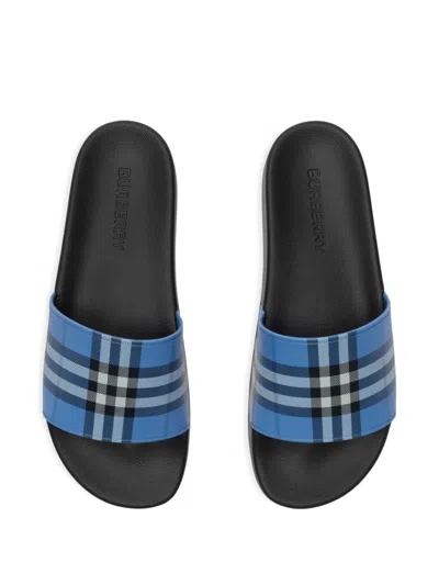 Burberry Check Pattern Flat Sole Slide Sandals In Blue