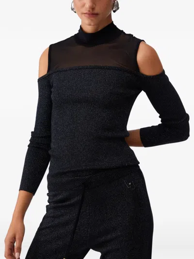 Liu •jo Mesh Insert Cold-shoulder T-shirt In Black