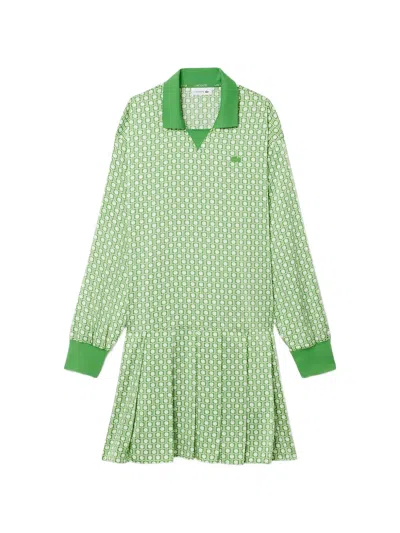 Lacoste Patterned Pleated Mini Dress In Green