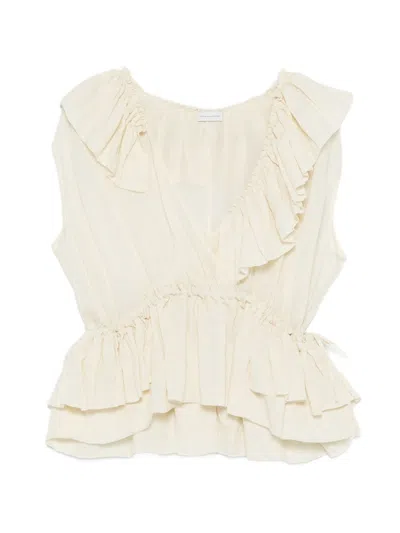 Dries Van Noten Sleeveless Top Elastic Waist Ruffled Neckline In White