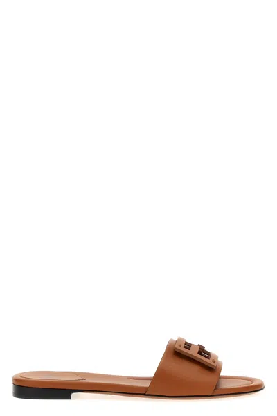 Fendi Baguette Leather Slides With Macro Selleria Topstitches In Brown