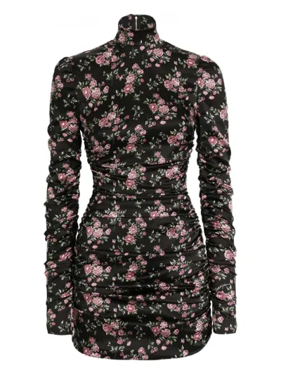 Dolce & Gabbana Black Dress With Floral Print And Side Draping In Silk Woman In Black