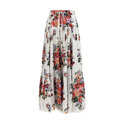 Dolce & Gabbana White Long Skirt With Floral Print And Elasticated Waistband In Cotton Woman