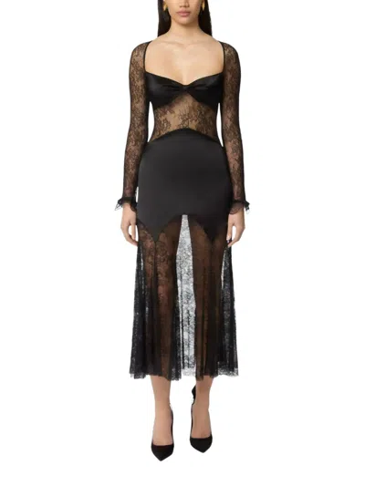Nina Ricci Open Neck And Long Sleeves In Lace And Satin Long Dress In Black