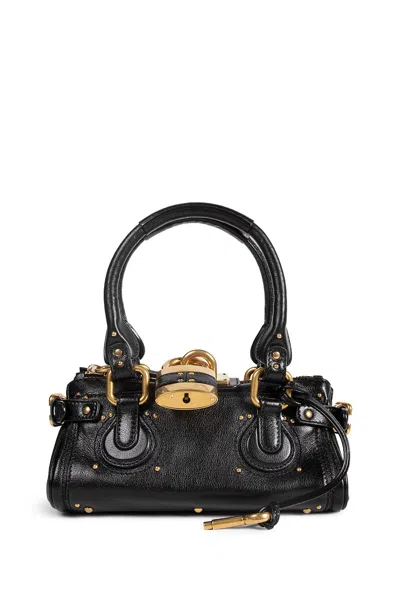 Chloé Paddington Black Shoulder Bag With Oversized Padlock And C-shaped Buckles In Grainy Leather Woman In Black