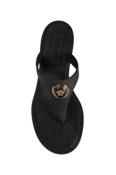 Versace Kitten Heel Thong Sandals With Medusa Detail In Black