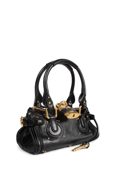 Chloé Paddington Black Shoulder Bag With Oversized Padlock And C-shaped Buckles In Grainy Leather Woman In Black