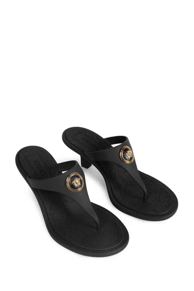 Versace Kitten Heel Thong Sandals With Medusa Detail In Black