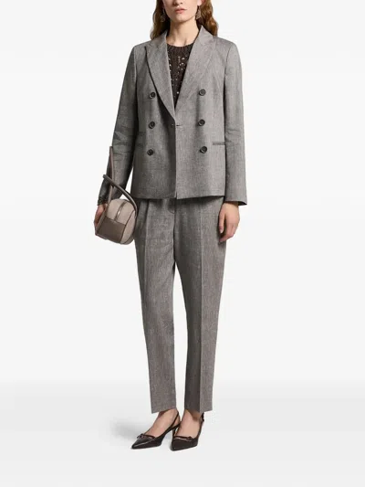 Peserico Double Breasted Blazer In Linen And Wool Blend In Gray