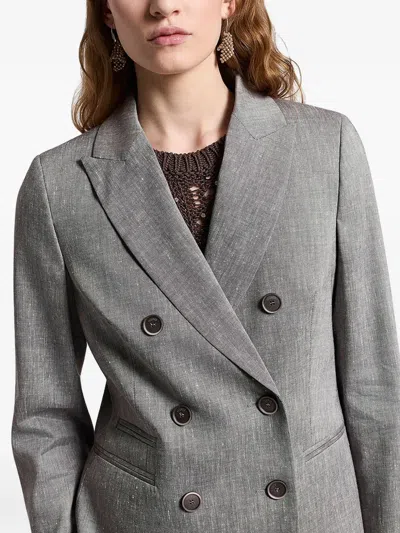 Peserico Double Breasted Blazer In Linen And Wool Blend In Gray