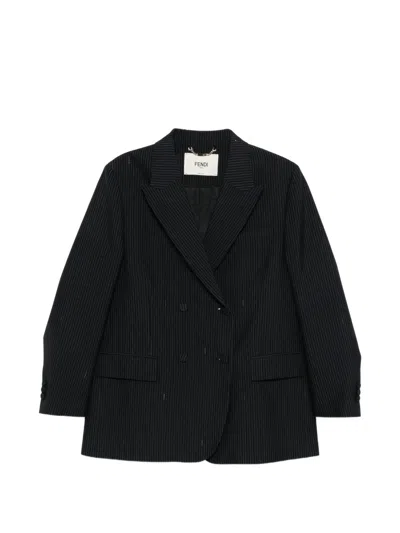 Fendi Women Blue Double-breasted Jacket With Peak Revers And Pinstripe Motif In Wool Blend Woman In Black